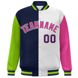 Custom Neon Green Navy White-Pink Color Block Bomber Varsity Full-Snap Baseball Jacket