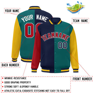 Custom Red Navy Aqua-Gold Color Block Bomber Varsity Full-Snap Baseball Jacket