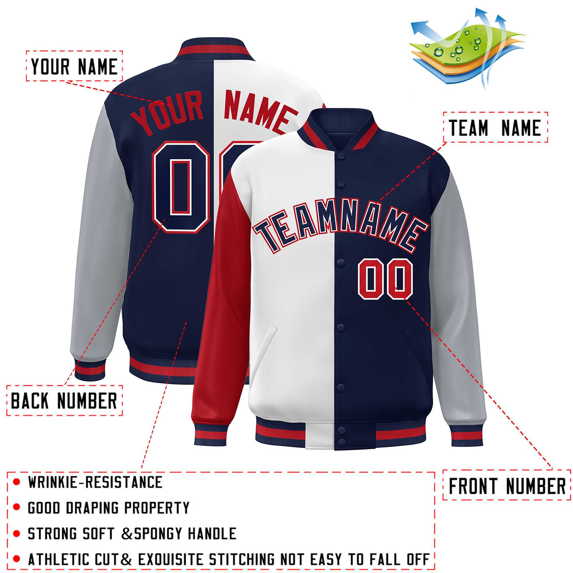 Custom Red White Navy-Gray Color Block Bomber Varsity Full-Snap Baseball Jacket