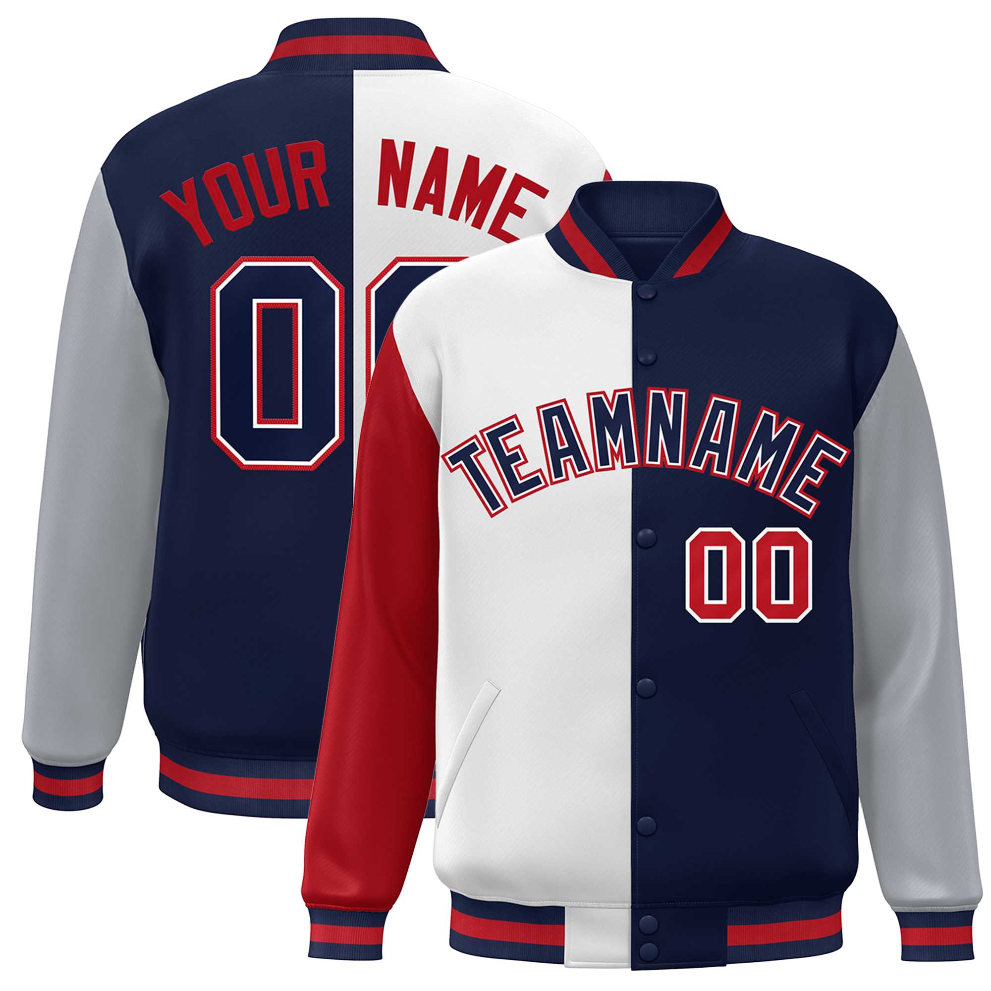 Custom Red White Navy-Gray Color Block Bomber Varsity Full-Snap Baseball Jacket