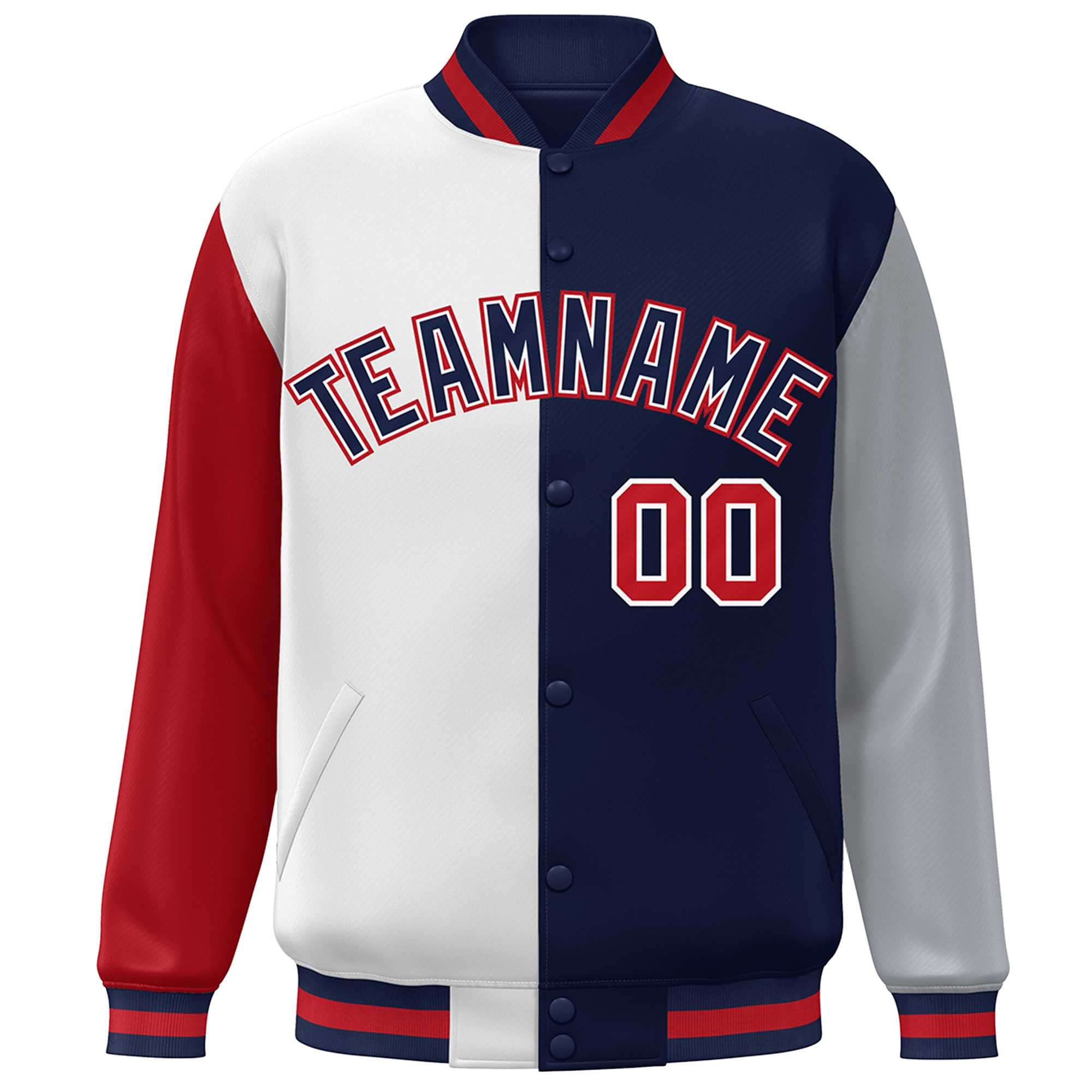 Custom Red White Navy-Gray Color Block Bomber Varsity Full-Snap Baseball Jacket