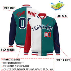 Custom Red White Aqua-Navy Color Block Bomber Varsity Full-Snap Baseball Jacket