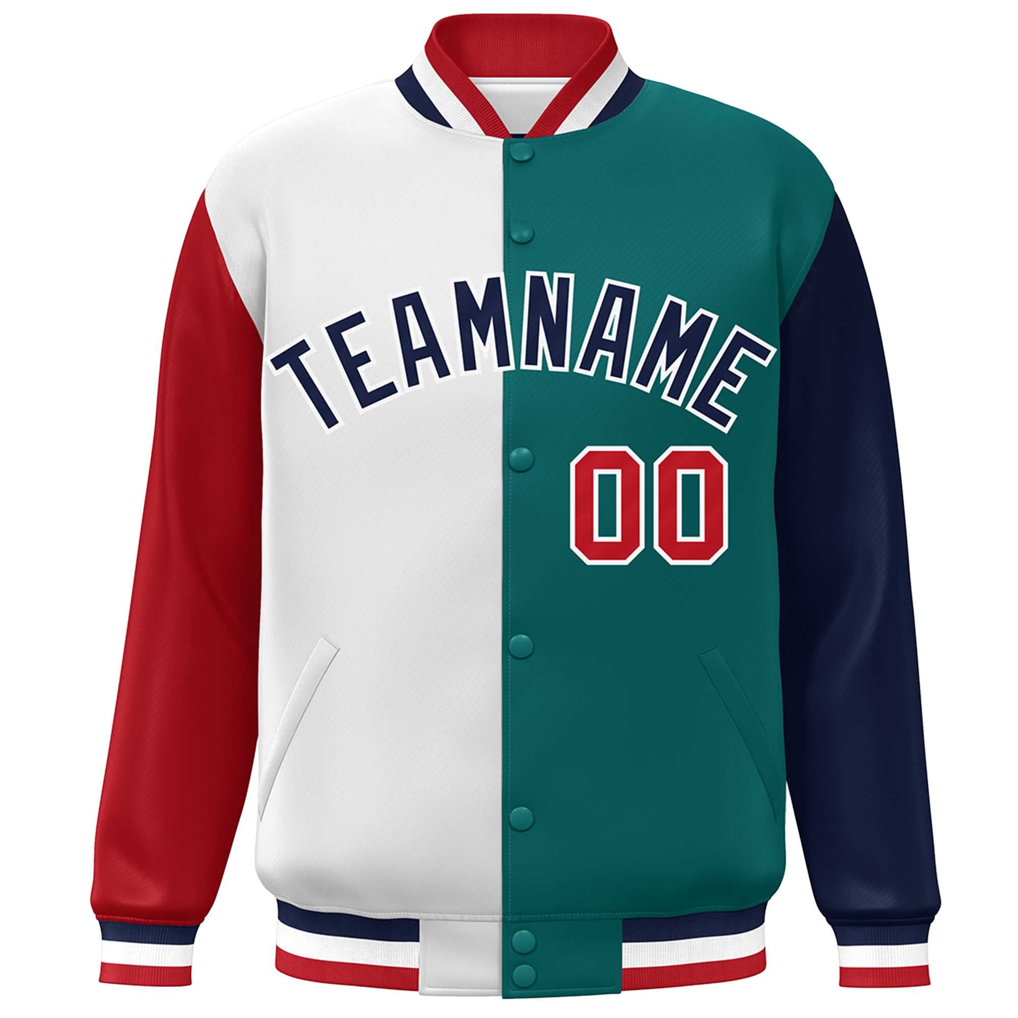 Custom Red White Aqua-Navy Color Block Bomber Varsity Full-Snap Baseball Jacket