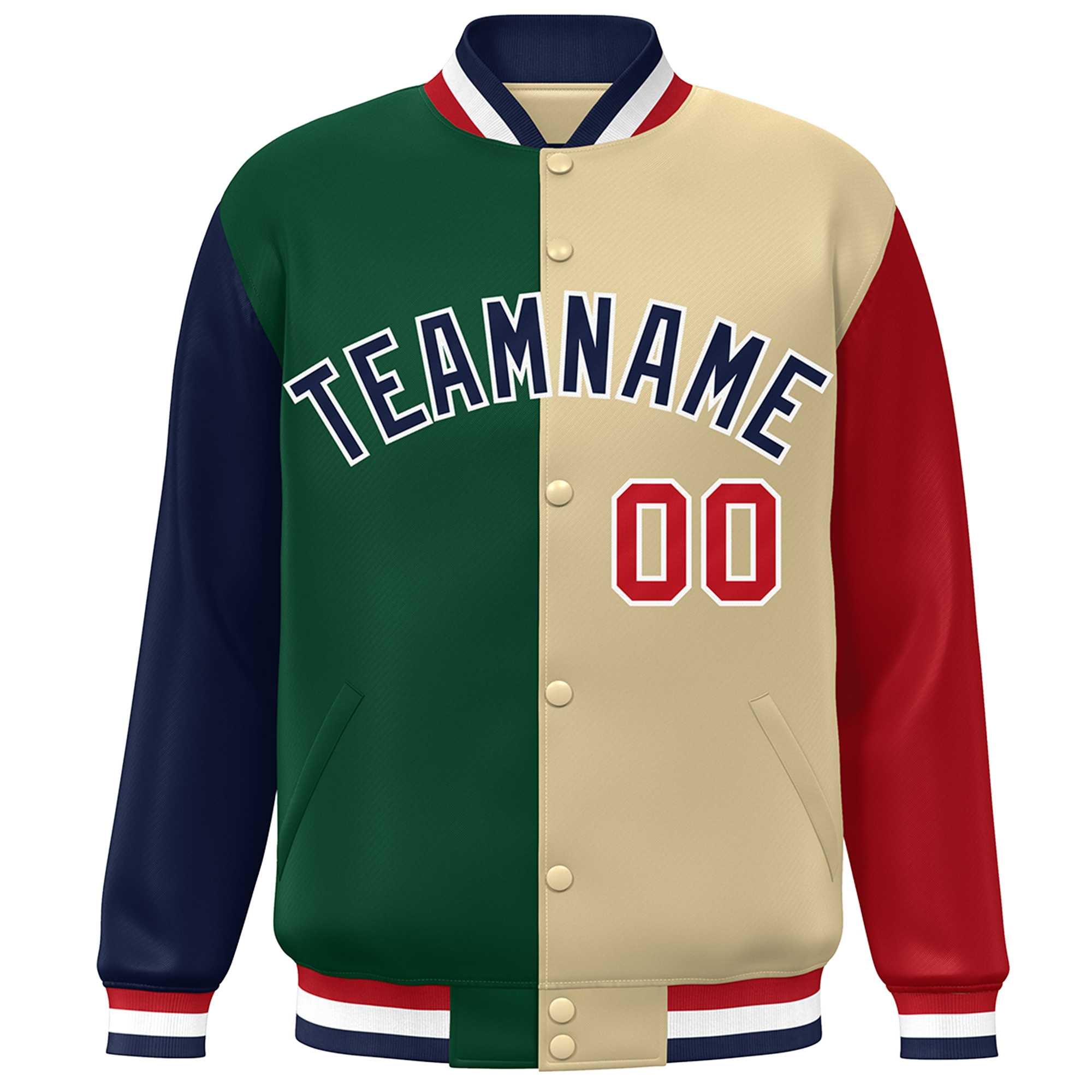 Custom Navy Green Khaki-Red Color Block Bomber Varsity Full-Snap Baseball Jacket