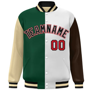 Custom Khaki Green White-Brown Color Block Bomber Varsity Full-Snap Baseball Jacket