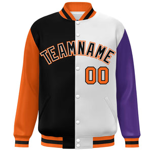 Custom Orange Black White-Purple Color Block Bomber Varsity Full-Snap Baseball Jacket