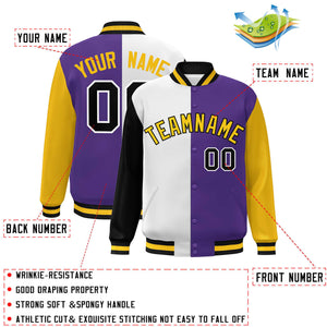 Custom Black White Purple-Gold Color Block Bomber Varsity Full-Snap Baseball Jacket