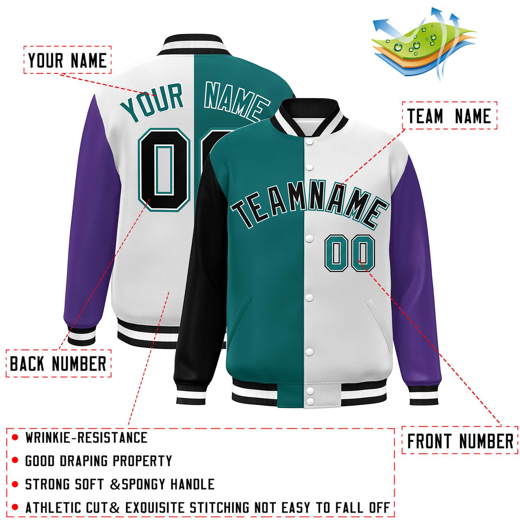 Custom Black Aqua White-Purple Color Block Bomber Varsity Full-Snap Baseball Jacket