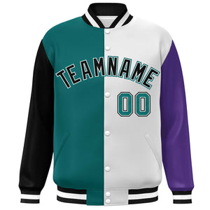 Custom Black Aqua White-Purple Color Block Bomber Varsity Full-Snap Baseball Jacket