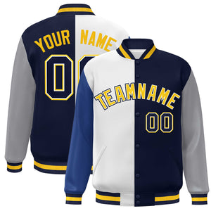 Custom Royal White Navy-Gray Color Block Bomber Varsity Full-Snap Baseball Jacket