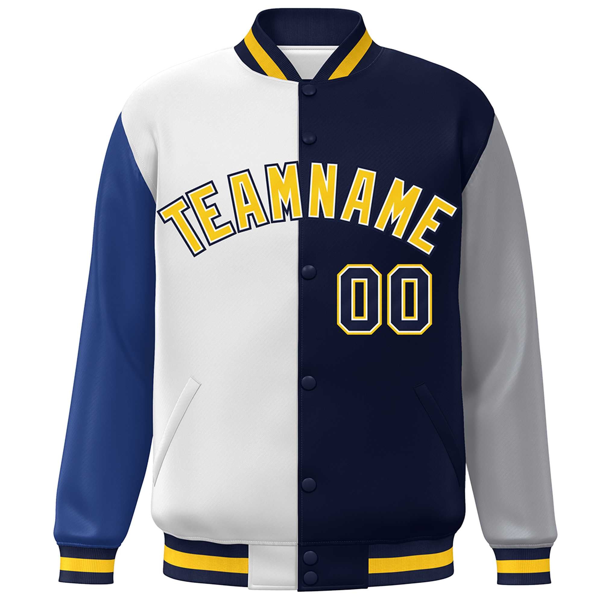 Custom Royal White Navy-Gray Color Block Bomber Varsity Full-Snap Baseball Jacket