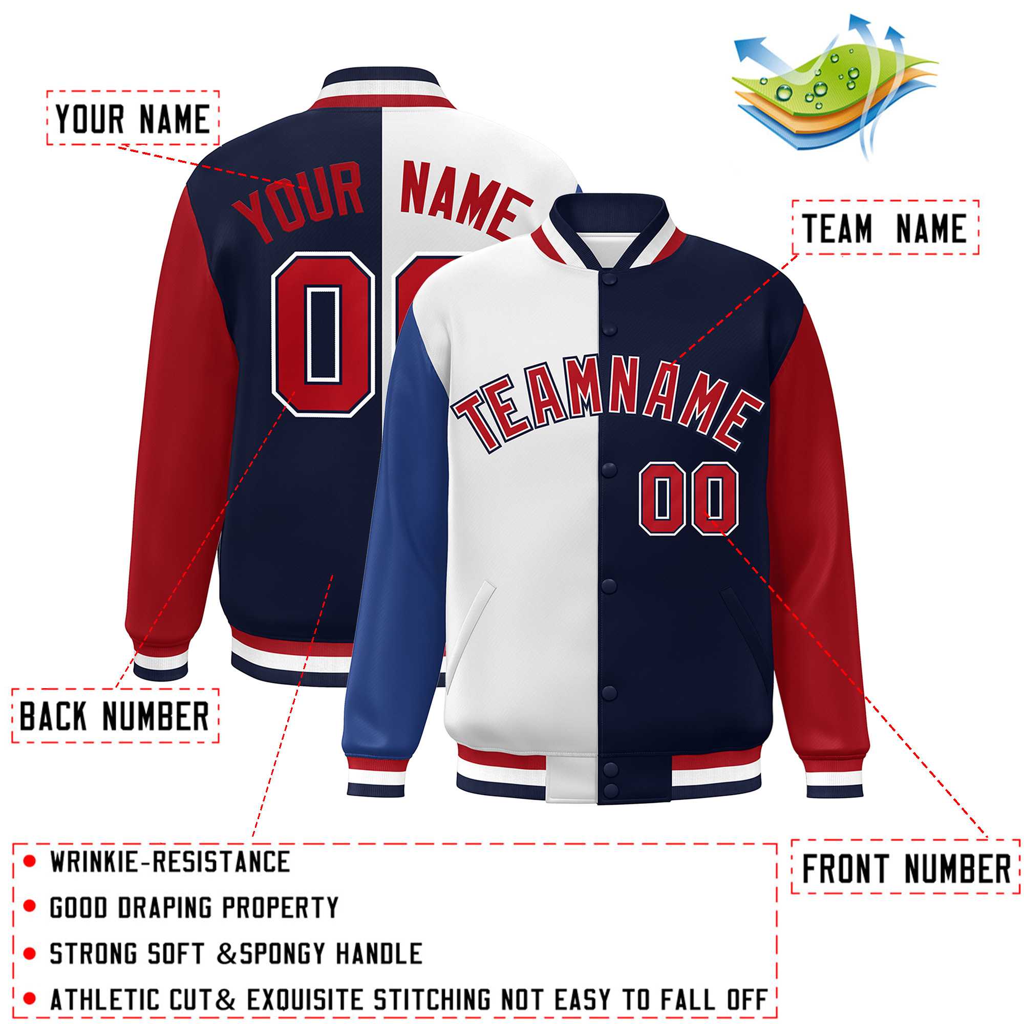 Custom Royal White Navy-Red Color Block Bomber Varsity Full-Snap Baseball Jacket