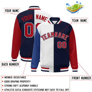 Custom Royal White Navy-Red Color Block Bomber Varsity Full-Snap Baseball Jacket