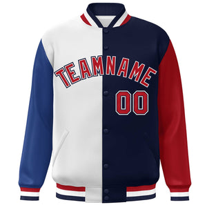 Custom Royal White Navy-Red Color Block Bomber Varsity Full-Snap Baseball Jacket