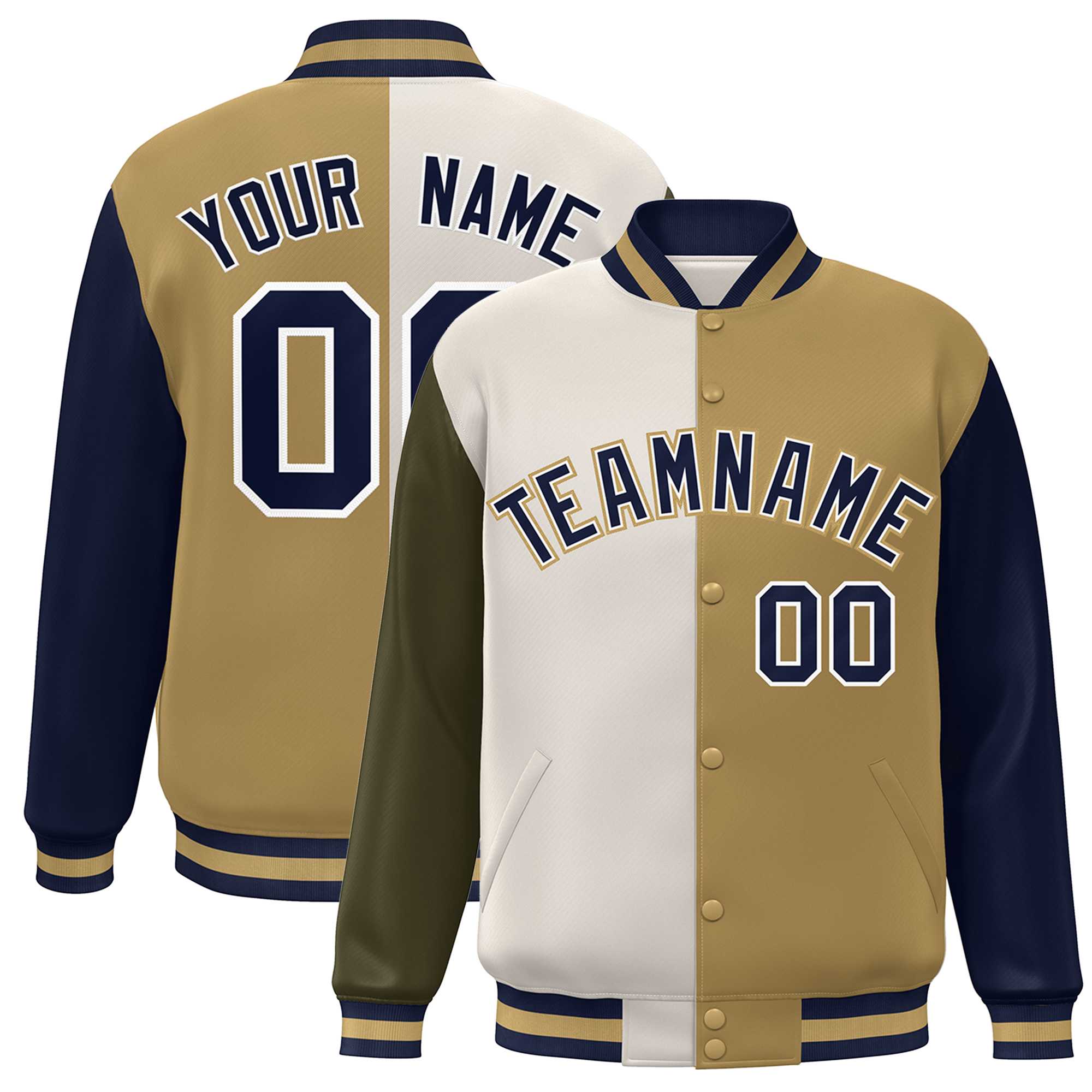 Custom Olive Khaki Old Gold-Navy Color Block Bomber Varsity Full-Snap Baseball Jacket