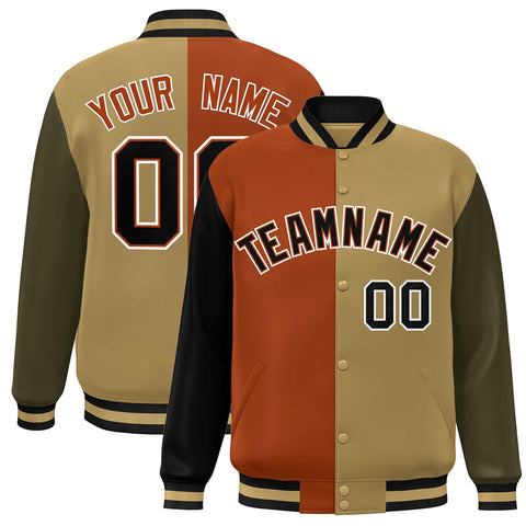 Custom Black Texas Orange Old Gold-Olive Color Block Bomber Varsity Full-Snap Baseball Jacket