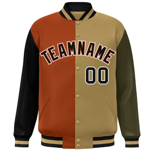 Custom Black Texas Orange Old Gold-Olive Color Block Bomber Varsity Full-Snap Baseball Jacket