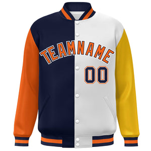 Custom Orange Navy White-Gold Color Block Bomber Varsity Full-Snap Baseball Jacket