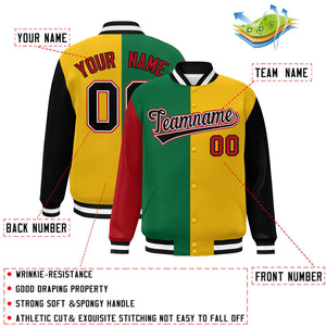 Custom Red Kelly Green Gold-Black Color Block Bomber Varsity Full-Snap Baseball Jacket