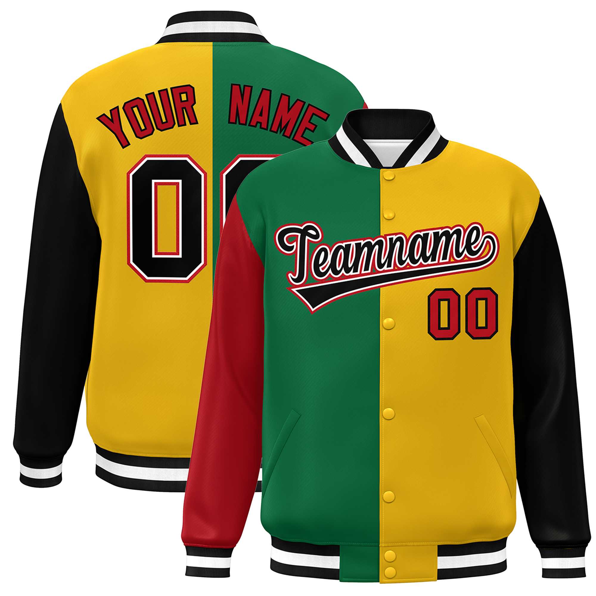 Custom Red Kelly Green Gold-Black Color Block Bomber Varsity Full-Snap Baseball Jacket