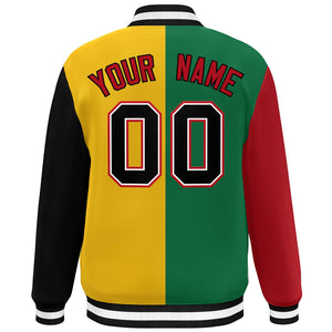 Custom Red Kelly Green Gold-Black Color Block Bomber Varsity Full-Snap Baseball Jacket