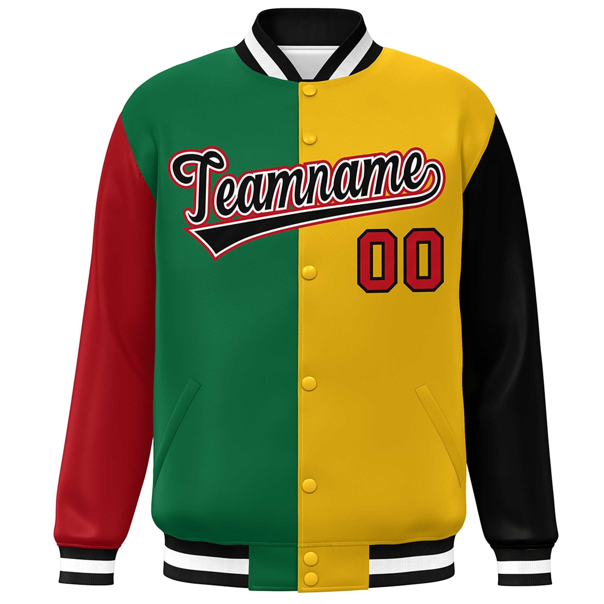 Custom Red Kelly Green Gold-Black Color Block Bomber Varsity Full-Snap Baseball Jacket