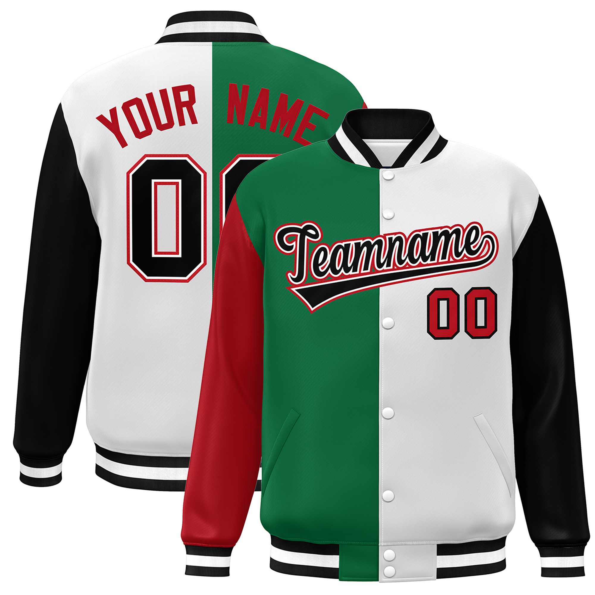 Custom Red Kelly Green White-Black Color Block Bomber Varsity Full-Snap Baseball Jacket