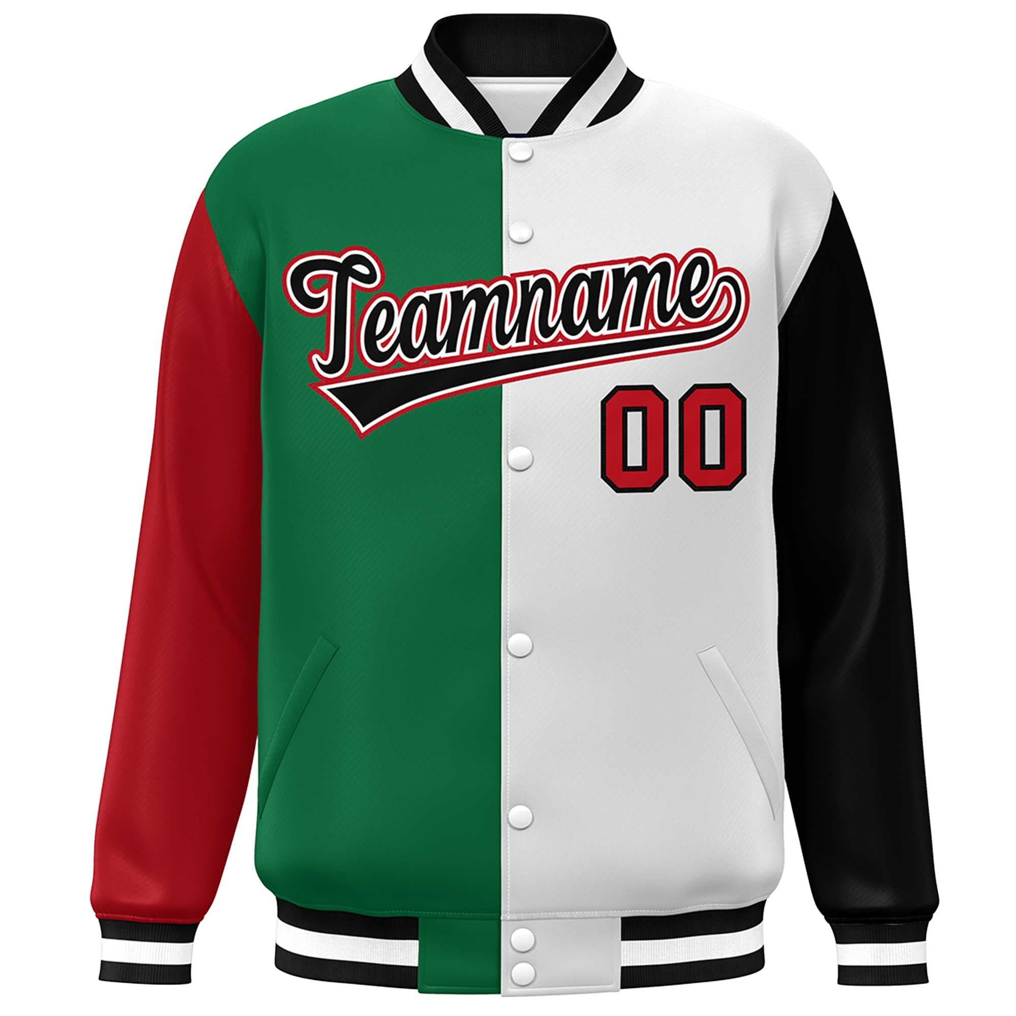 Custom Red Kelly Green White-Black Color Block Bomber Varsity Full-Snap Baseball Jacket