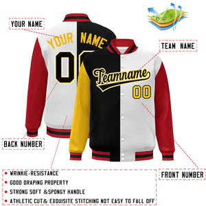 Custom Gold Black White-Red Color Block Bomber Varsity Full-Snap Baseball Jacket