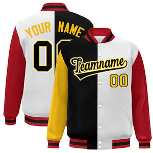 Custom Gold Black White-Red Color Block Bomber Varsity Full-Snap Baseball Jacket