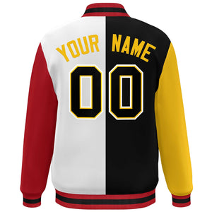 Custom Gold Black White-Red Color Block Bomber Varsity Full-Snap Baseball Jacket