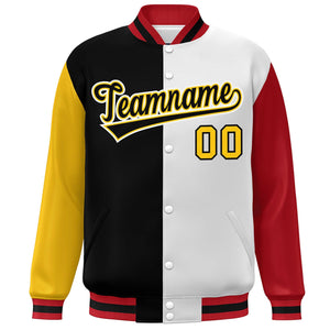 Custom Gold Black White-Red Color Block Bomber Varsity Full-Snap Baseball Jacket