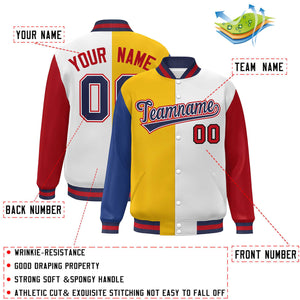 Custom Royal Gold White-Red Color Block Bomber Varsity Full-Snap Baseball Jacket