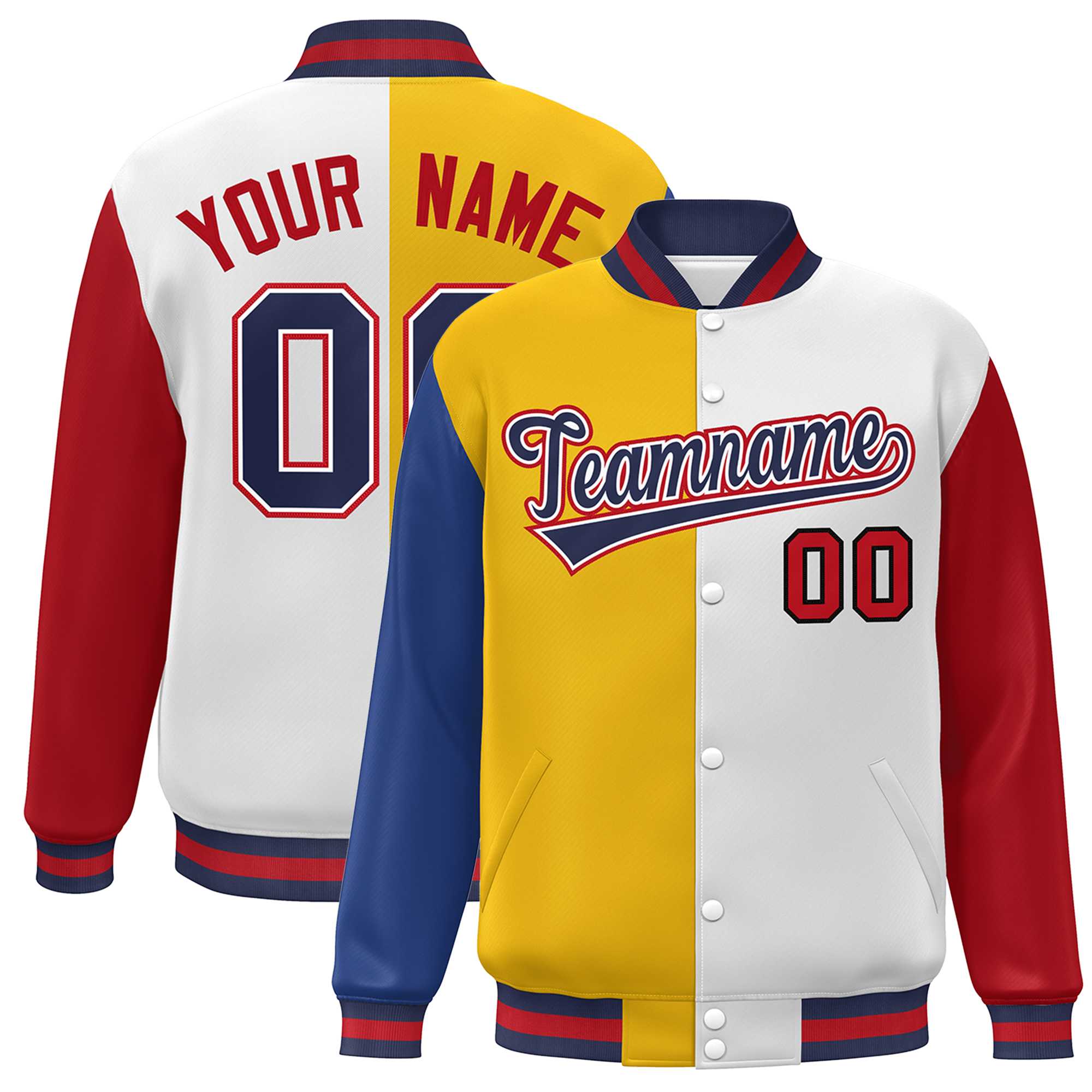 Custom Royal Gold White-Red Color Block Bomber Varsity Full-Snap Baseball Jacket