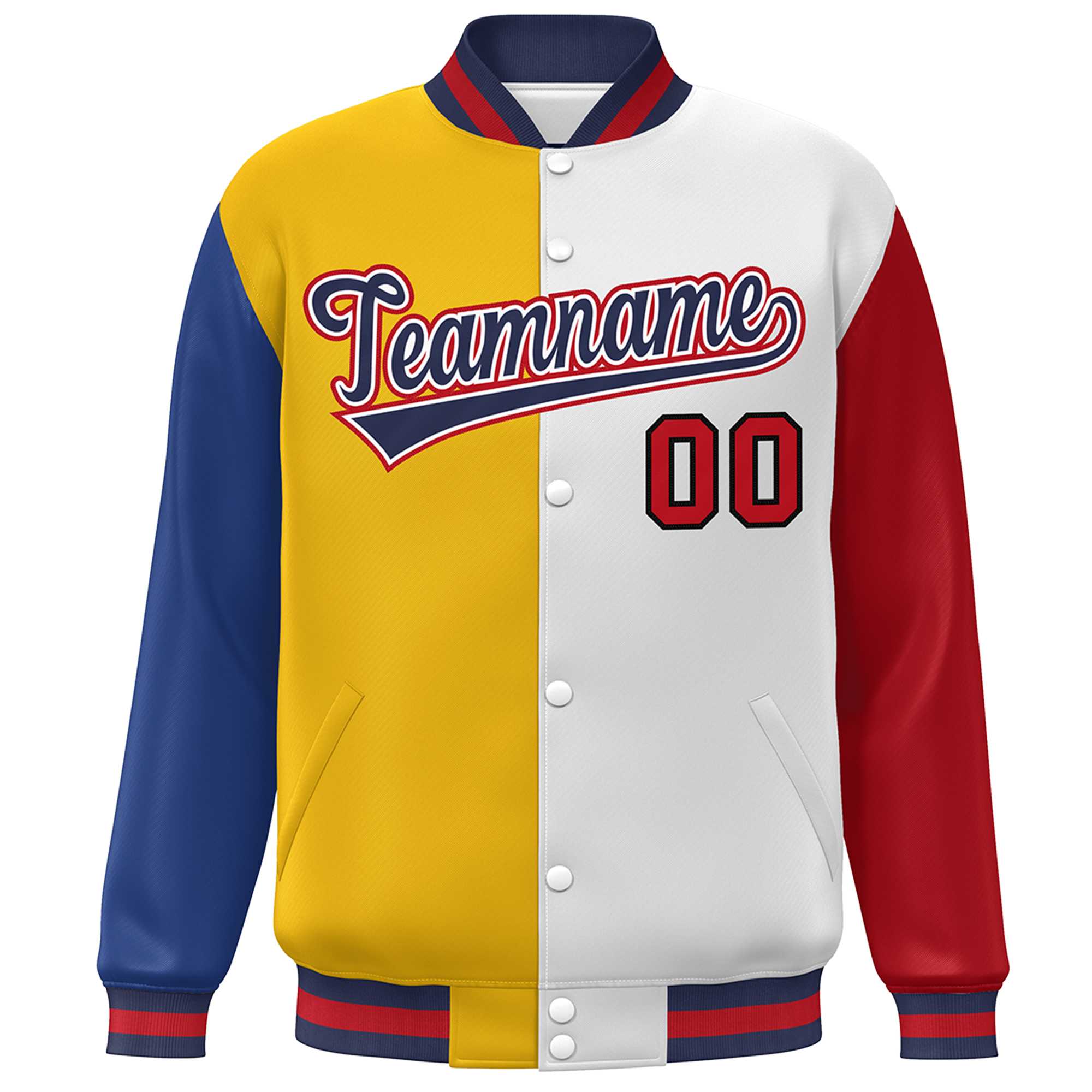 Custom Royal Gold White-Red Color Block Bomber Varsity Full-Snap Baseball Jacket