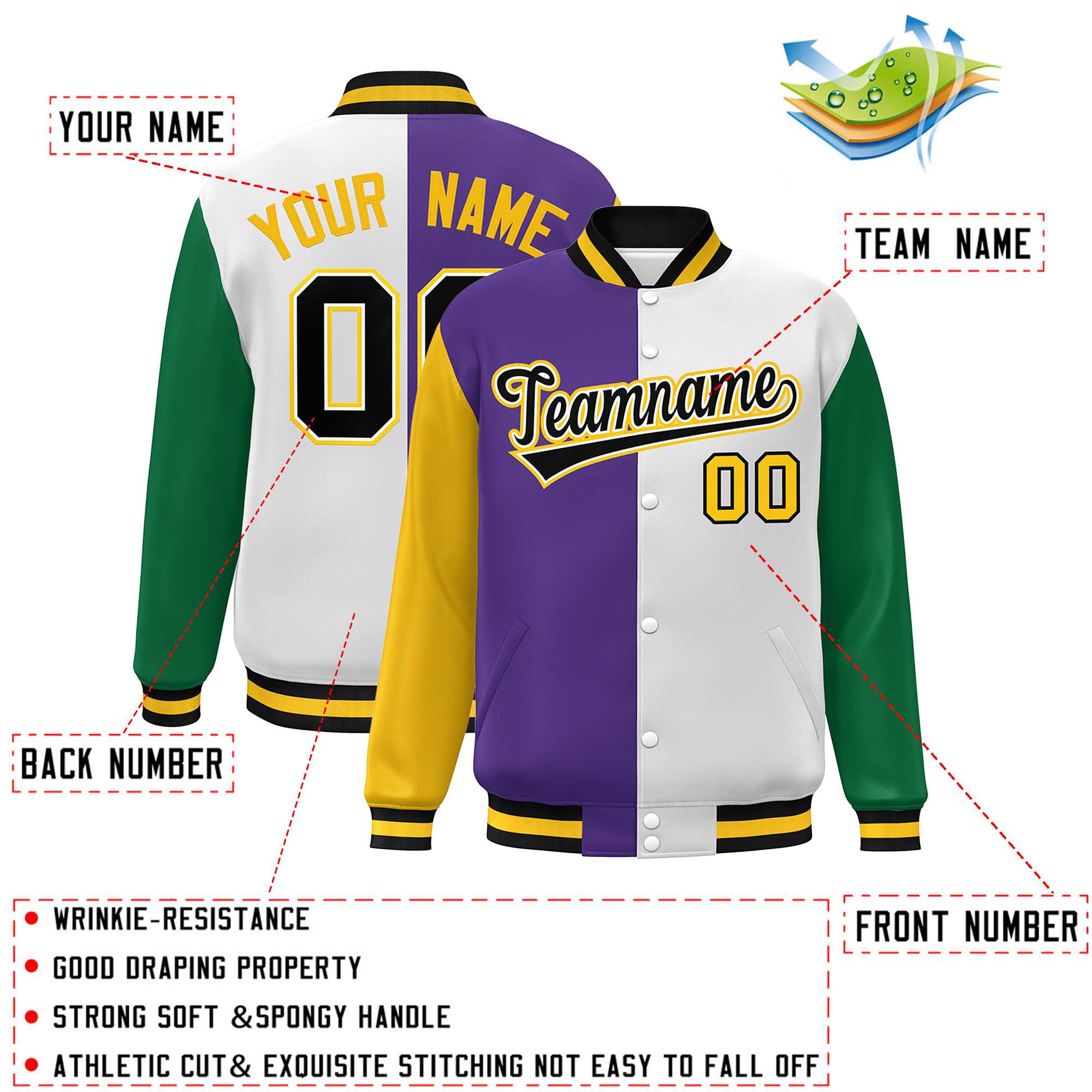 Custom Gold Purple White-Kelly Green Color Block Bomber Varsity Full-Snap Baseball Jacket