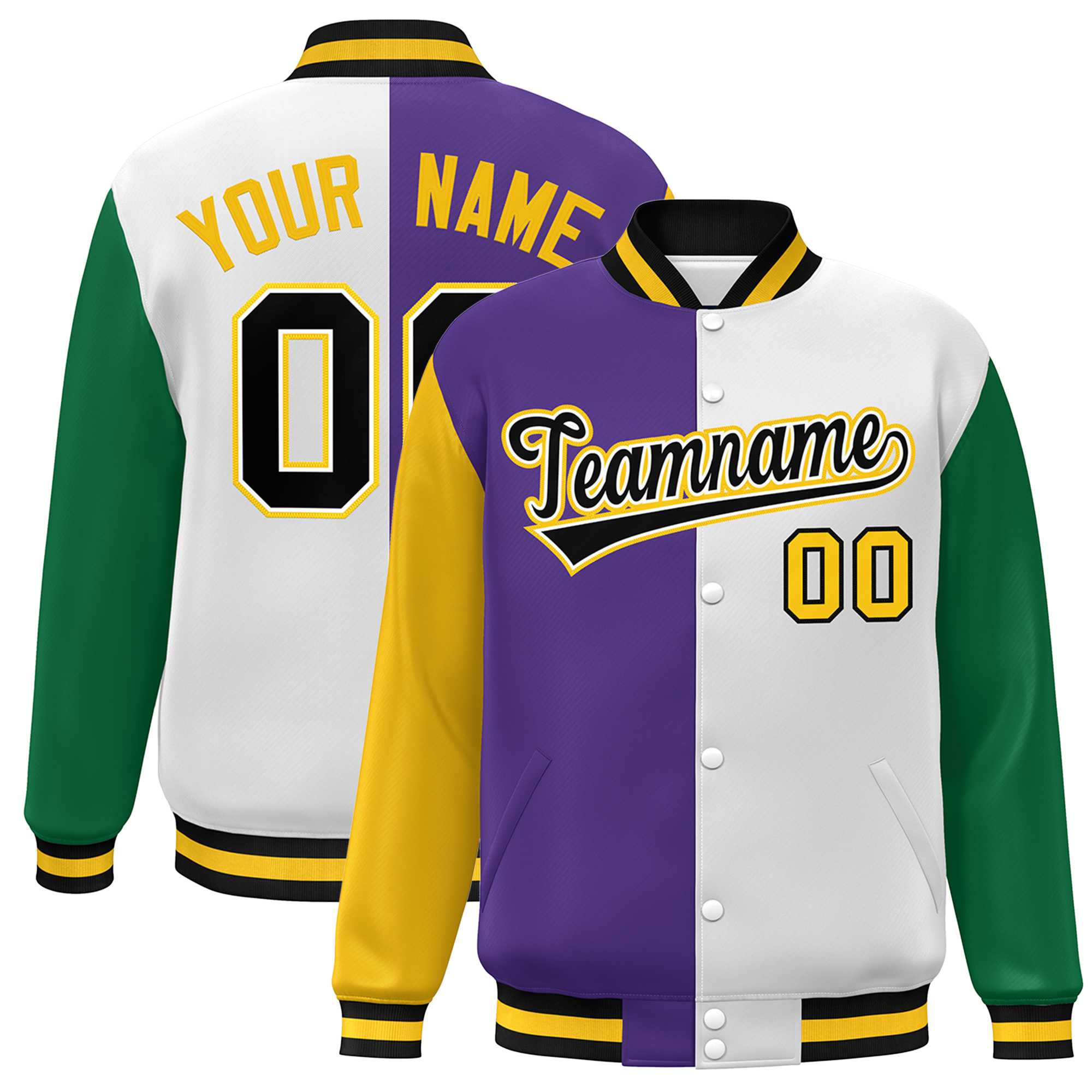 Custom Gold Purple White-Kelly Green Color Block Bomber Varsity Full-Snap Baseball Jacket