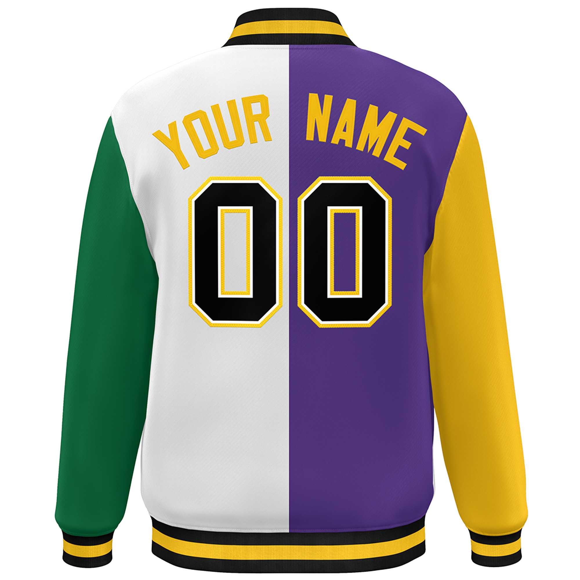 Custom Gold Purple White-Kelly Green Color Block Bomber Varsity Full-Snap Baseball Jacket