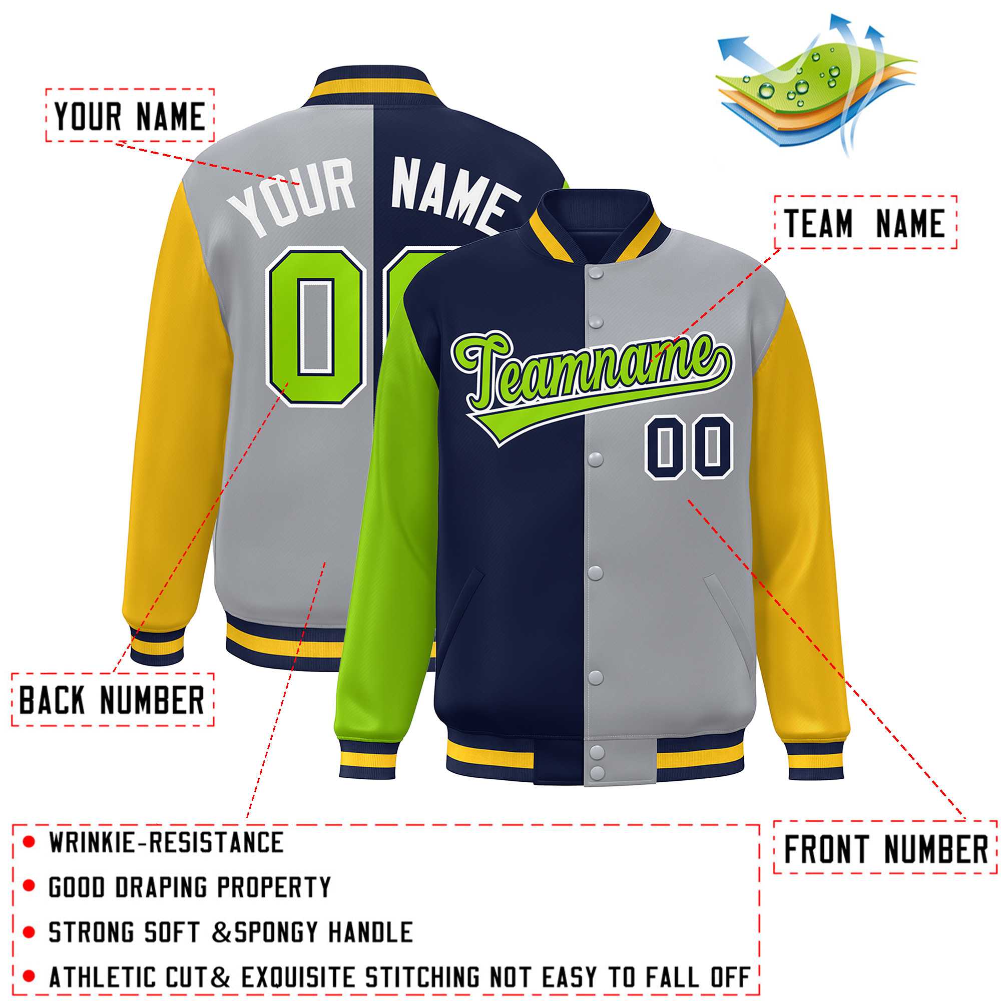 Custom Neon Green Navy Gray-Gold Color Block Bomber Varsity Full-Snap Baseball Jacket