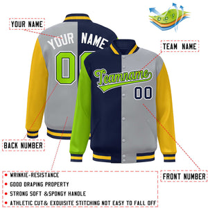 Custom Neon Green Navy Gray-Gold Color Block Bomber Varsity Full-Snap Baseball Jacket