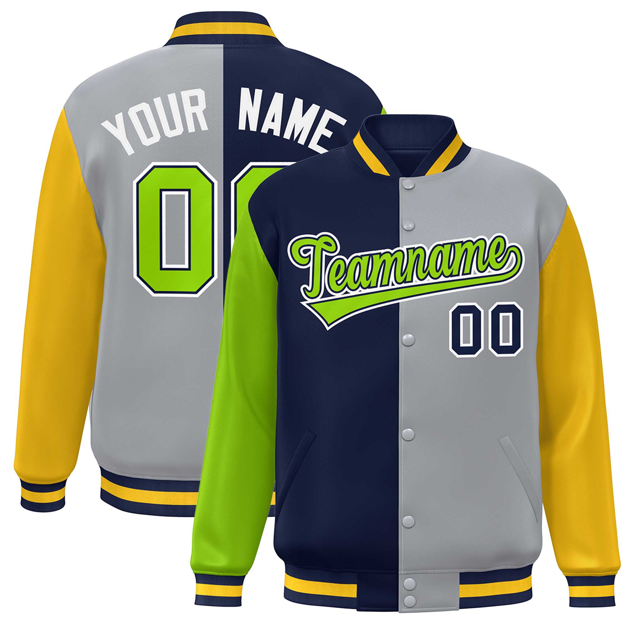 Custom Neon Green Navy Gray-Gold Color Block Bomber Varsity Full-Snap Baseball Jacket