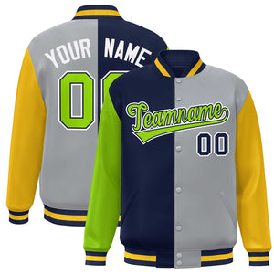 Custom Neon Green Navy Gray-Gold Color Block Bomber Varsity Full-Snap Baseball Jacket