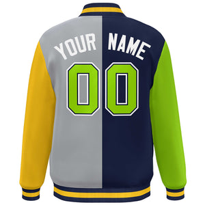 Custom Neon Green Navy Gray-Gold Color Block Bomber Varsity Full-Snap Baseball Jacket