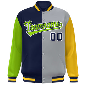 Custom Neon Green Navy Gray-Gold Color Block Bomber Varsity Full-Snap Baseball Jacket