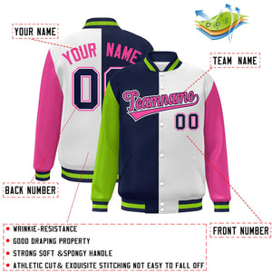 Custom Neon Green Navy White-Pink Color Block Bomber Varsity Full-Snap Baseball Jacket