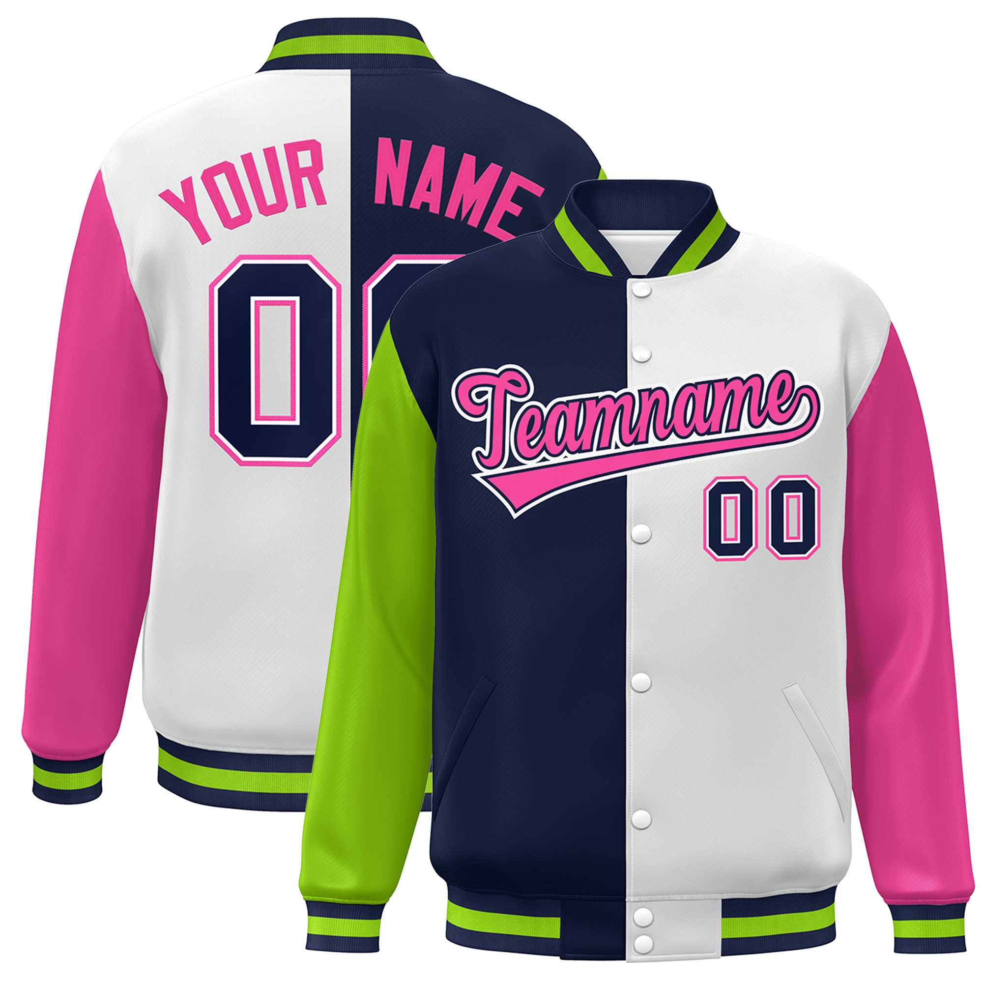 Custom Neon Green Navy White-Pink Color Block Bomber Varsity Full-Snap Baseball Jacket