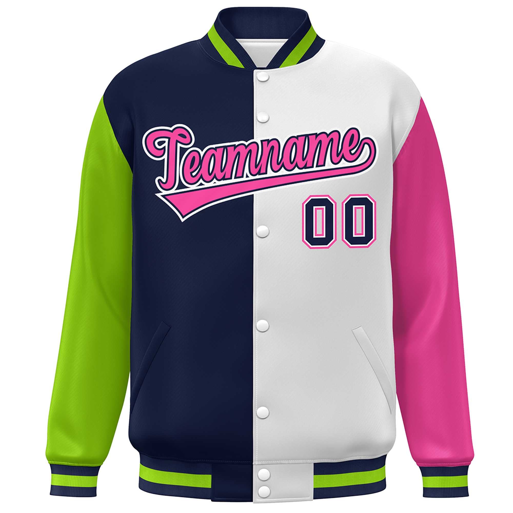 Custom Neon Green Navy White-Pink Color Block Bomber Varsity Full-Snap Baseball Jacket