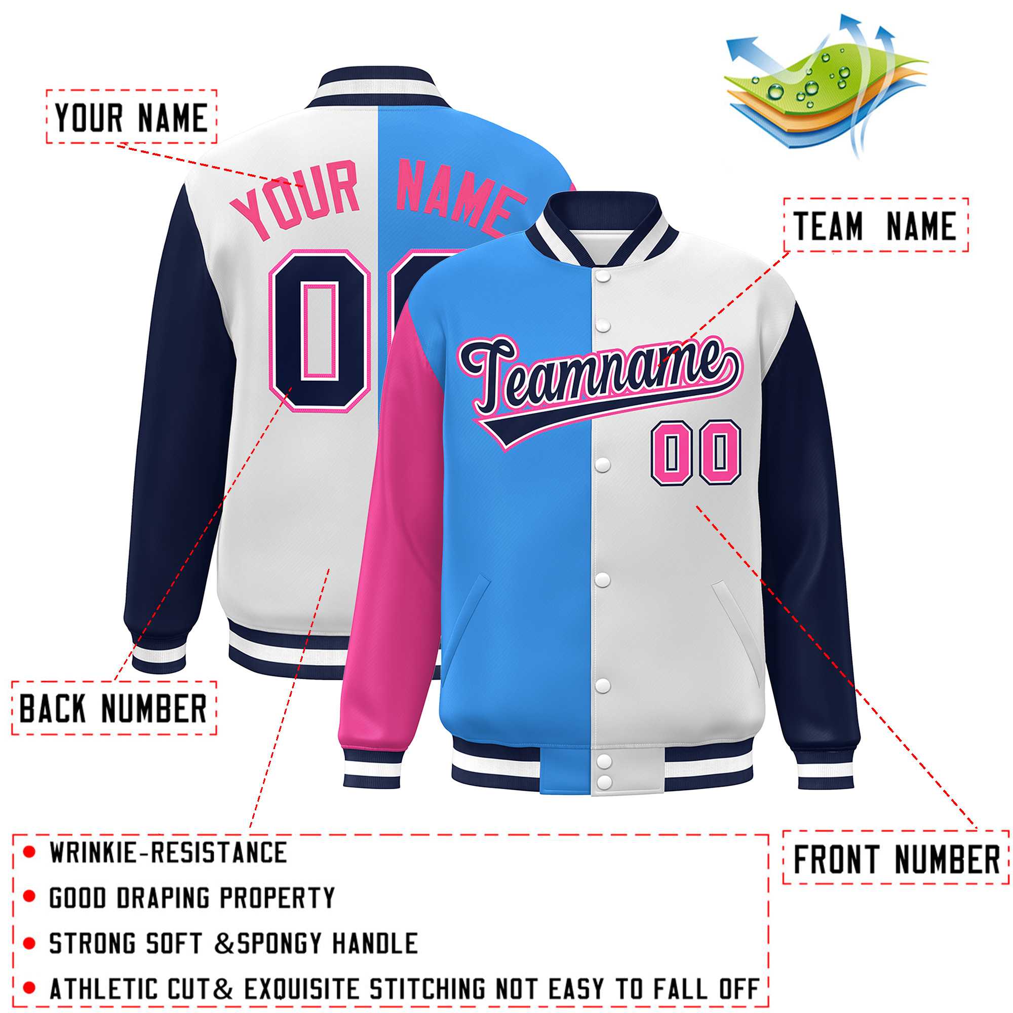 Custom Pink Powder Blue White-Navy Color Block Bomber Varsity Full-Snap Baseball Jacket