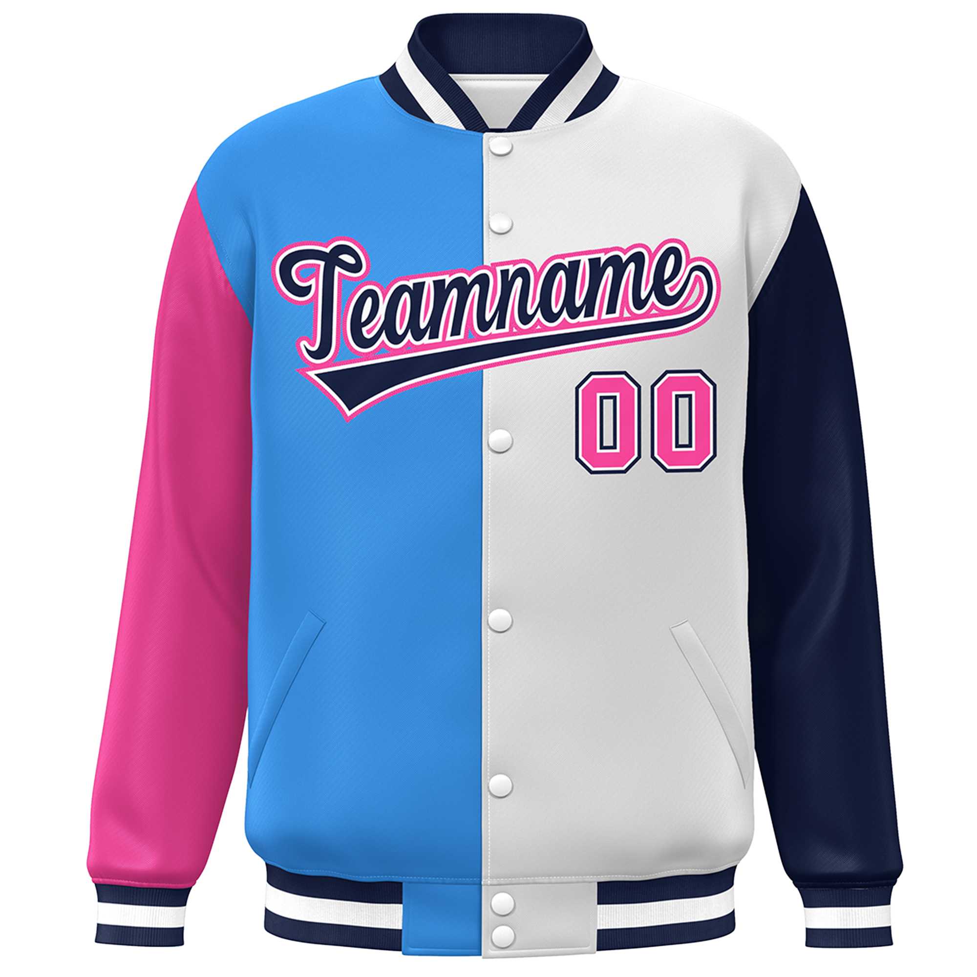 Custom Pink Powder Blue White-Navy Color Block Bomber Varsity Full-Snap Baseball Jacket