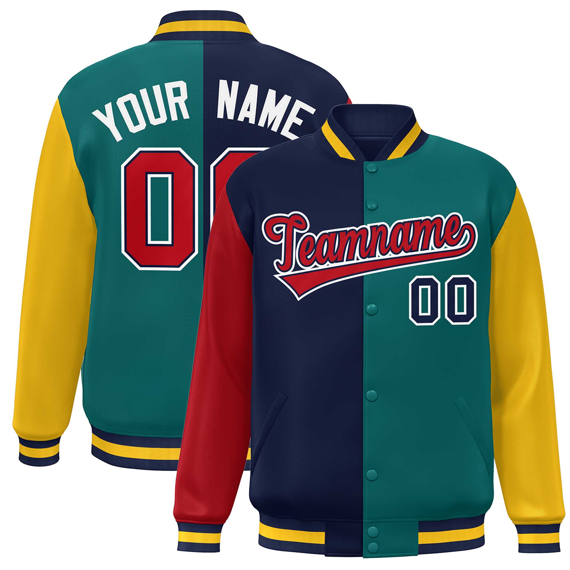 Custom Red Navy Aqua-Gold Color Block Bomber Varsity Full-Snap Baseball Jacket